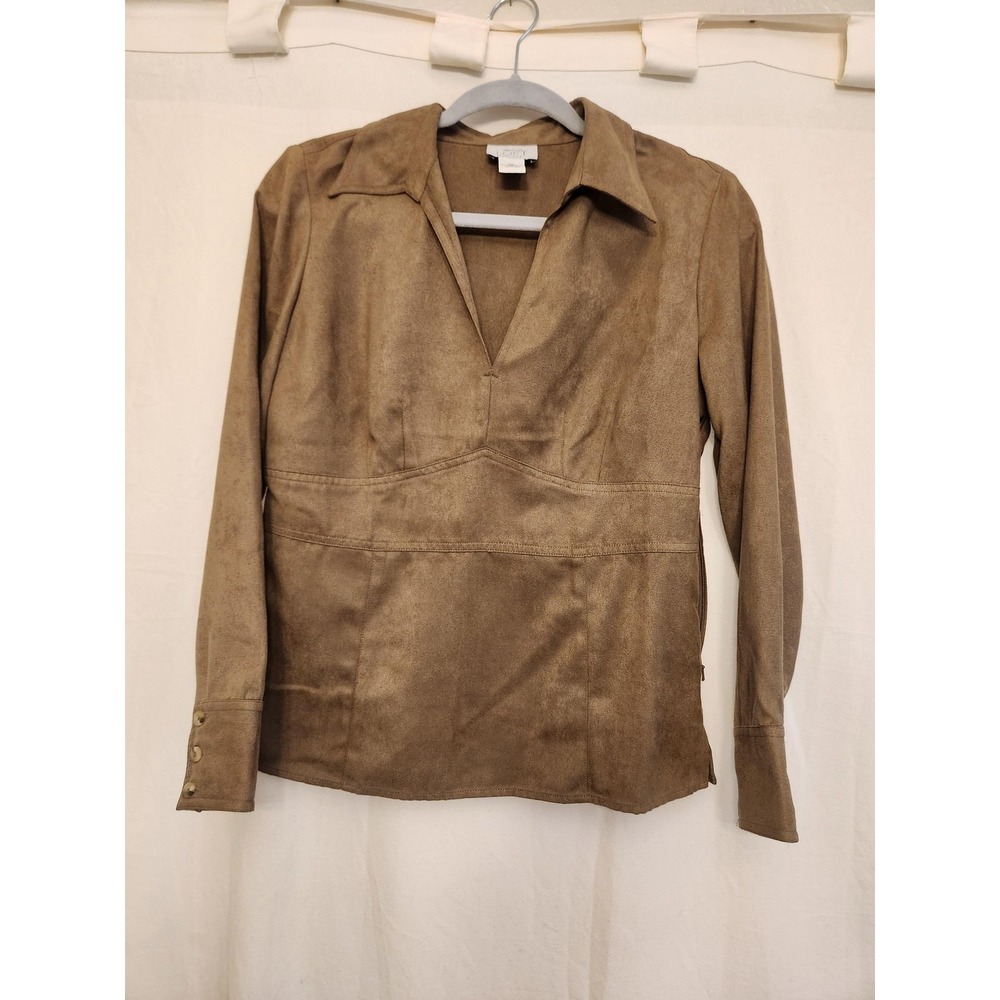 Ann Taylor LOFT Petites Shirt Womens 10P Brown Faux‎ Suede Side Zip Long Sleeve